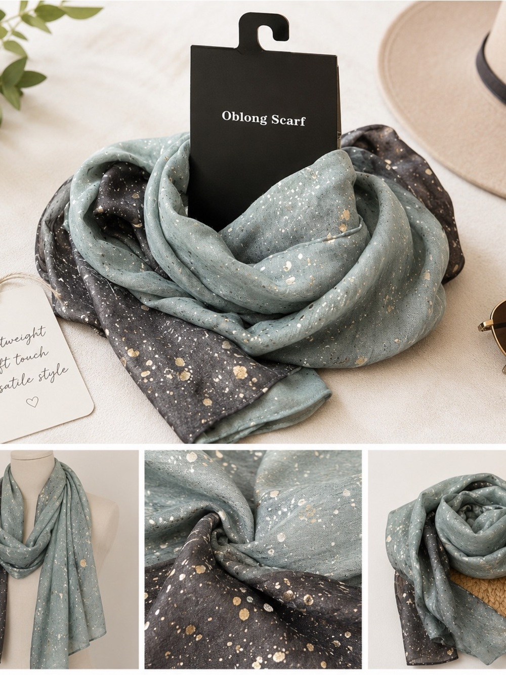 Ombre Speckled Oblong Scarf — Sage Green & Charcoal